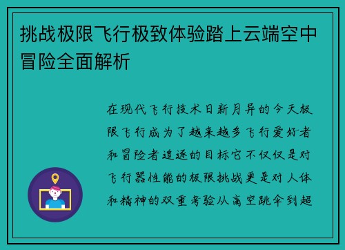 挑战极限飞行极致体验踏上云端空中冒险全面解析